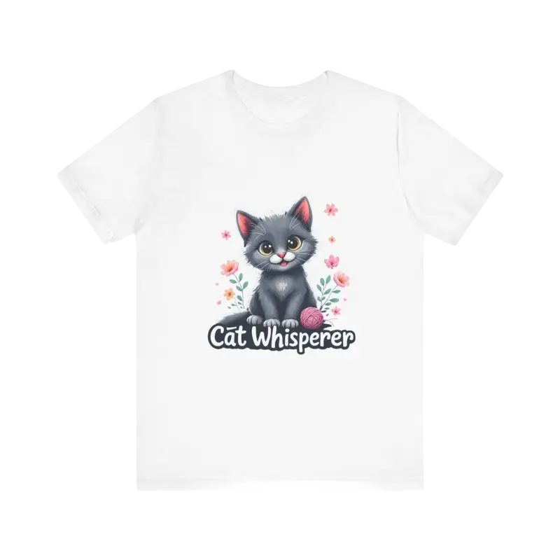 White t-shirt featuring a cat design from Cat Whisperer Unisex Jersey Tee