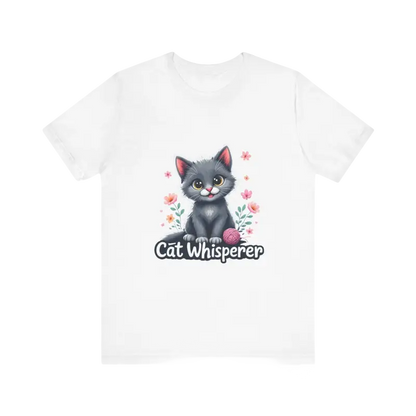 White t-shirt featuring a cat design from Cat Whisperer Unisex Jersey Tee