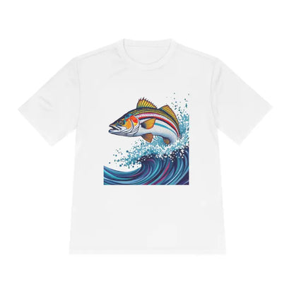 White t-shirt featuring fish graphic from Catch of the Day Unisex Moisture Wicking Fishing Tee