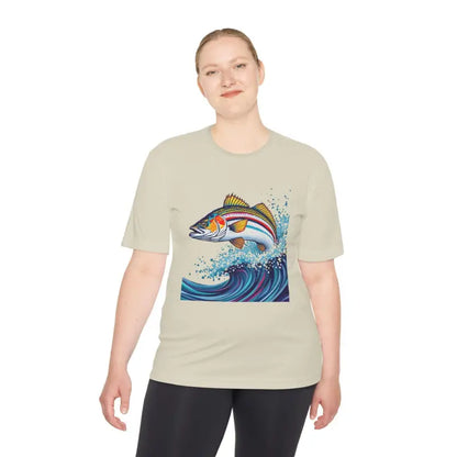 Beige t-shirt featuring a fish graphic from the Catch of the Day Fishing Tee