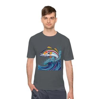 Gray t-shirt featuring a fish graphic from the Catch of the Day Unisex Fishing Tee