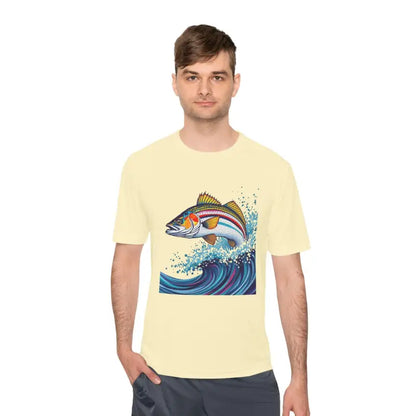 Man in Catch of the Day Unisex Moisture Wicking Fishing Tee with fish design