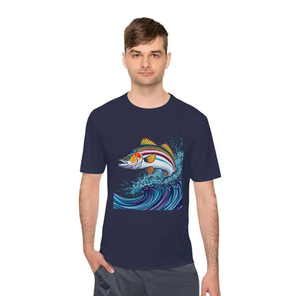 Navy t-shirt with fish graphic from Catch of the Day Unisex Fishing Tee collection