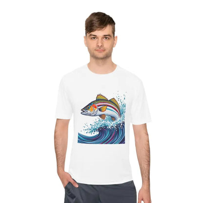 White t-shirt featuring fish graphic from Catch of the Day Unisex Moisture Wicking Fishing Tee