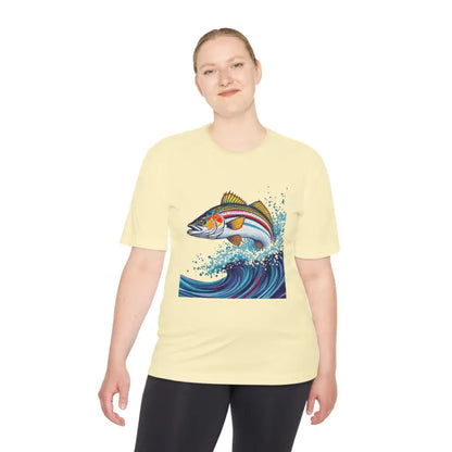 Woman modeling Catch of the Day Unisex Moisture Wicking Fishing Tee with fish design