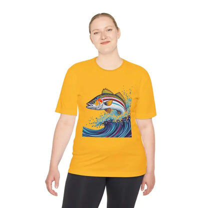 Yellow Catch of the Day Unisex Moisture Wicking Fishing Tee with fish graphic design