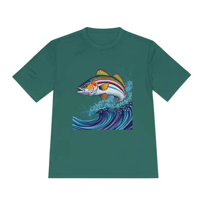 Green t-shirt featuring a fish graphic from the Catch of the Day Unisex Moisture Wicking Fishing Tee