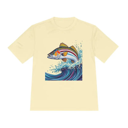 Pale yellow Catch of the Day Unisex Moisture Wicking Fishing Tee with fish graphic