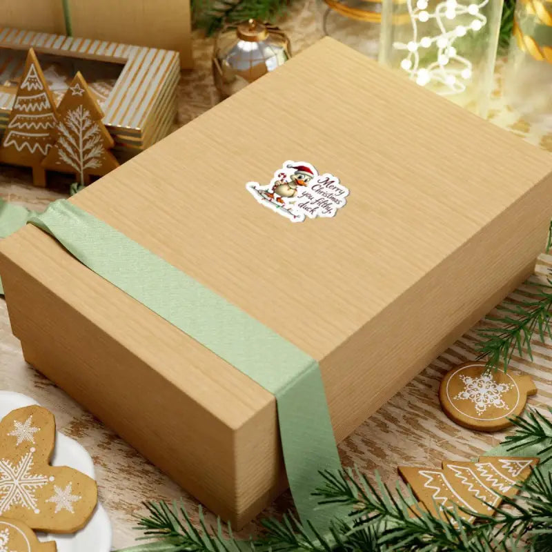Wrapped gift box design featured on Christmas Duck Kiss Cut Sticker