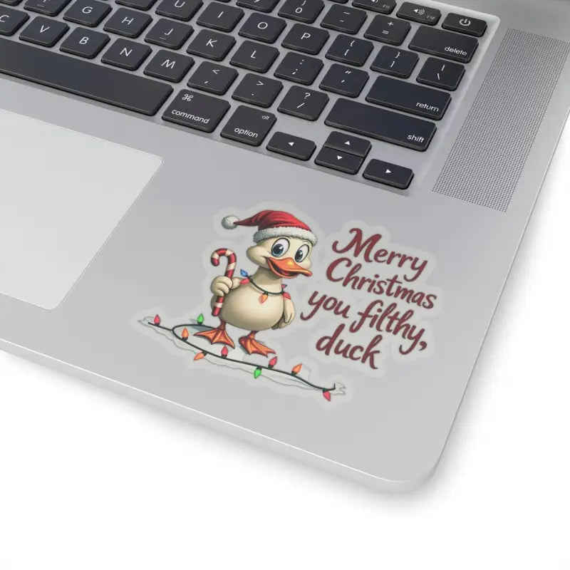 Christmas Duck Kiss Cut Sticker featuring a festive duck design for laptop decoration