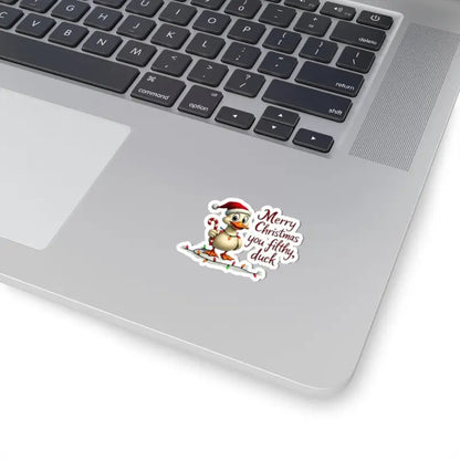 Christmas Duck Kiss Cut Sticker featuring a festive duck design on a laptop