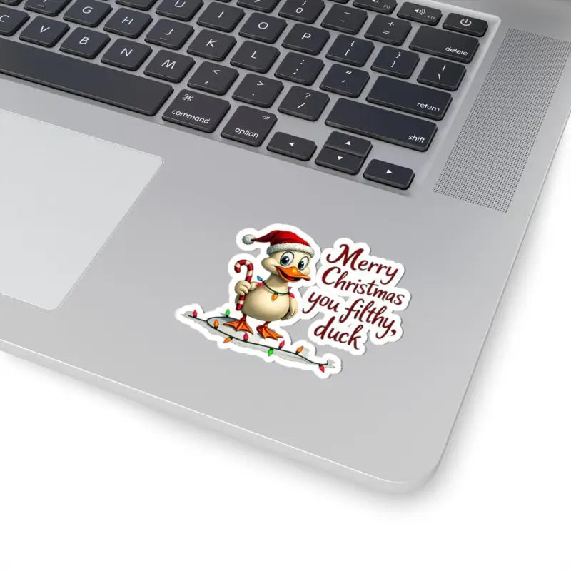 Christmas Duck Kiss Cut Sticker featuring a cartoon duck in a Santa hat with a candy cane