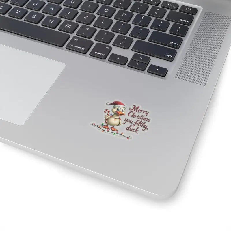 Cartoon duck in Santa hat holding candy cane on Christmas Duck Kiss Cut Sticker