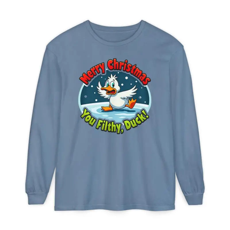 Blue long-sleeved Christmas Filthy Duck Shirt featuring a cartoon duck graphic