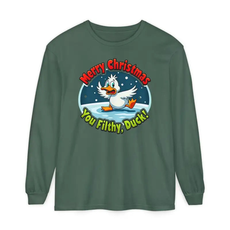 Green long-sleeved Christmas Filthy Duck Shirt featuring a duck graphic design