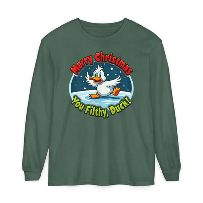 Green long-sleeved Christmas Filthy Duck Shirt featuring a duck graphic design