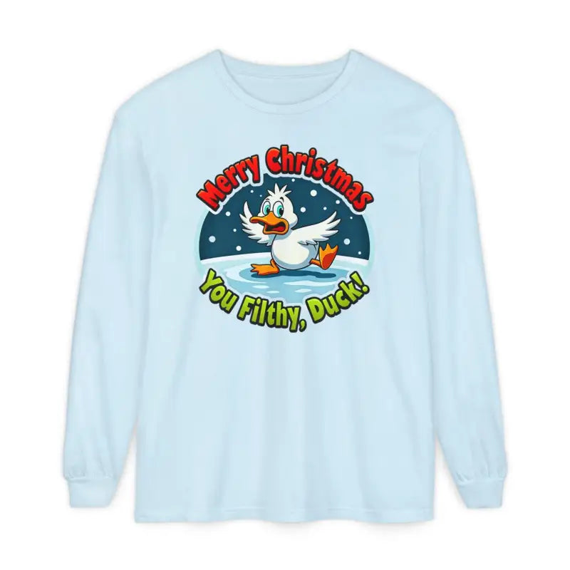 Light blue long-sleeved Christmas Filthy Duck Shirt featuring a cartoon duck design