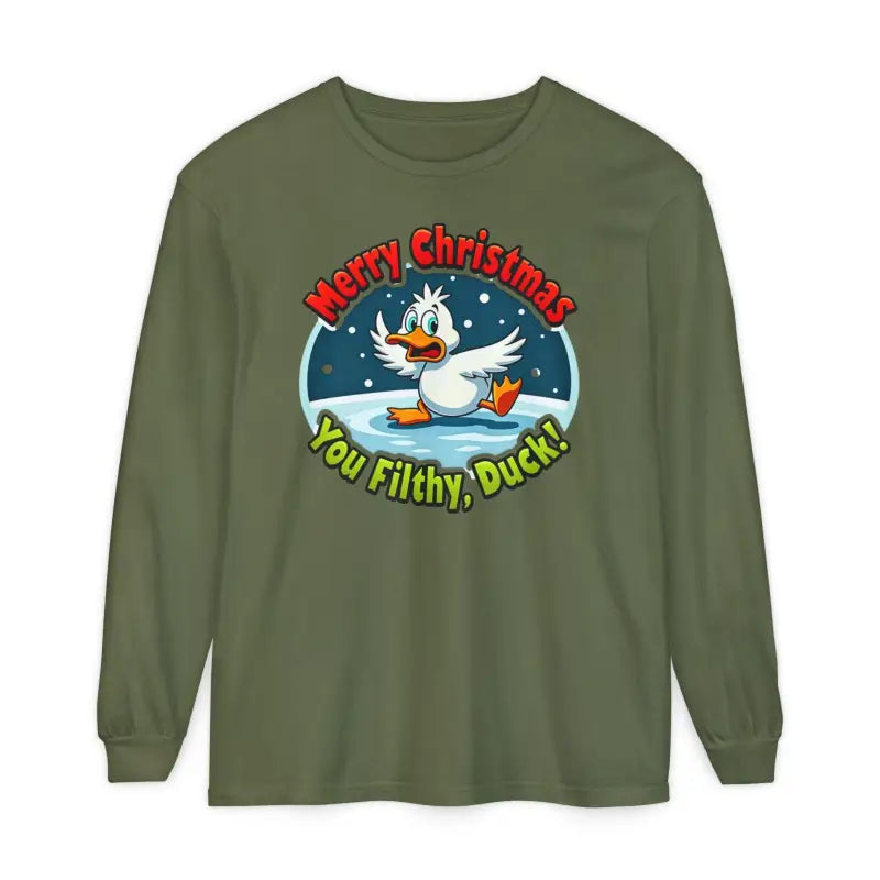 Olive green long-sleeved Christmas Filthy Duck shirt featuring a duck graphic