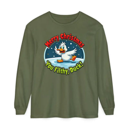 Olive green long-sleeved Christmas Filthy Duck shirt featuring a duck graphic