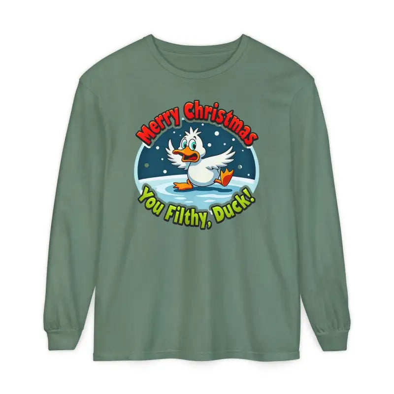 Long-sleeved Christmas Filthy Duck Shirt featuring playful duck graphic design
