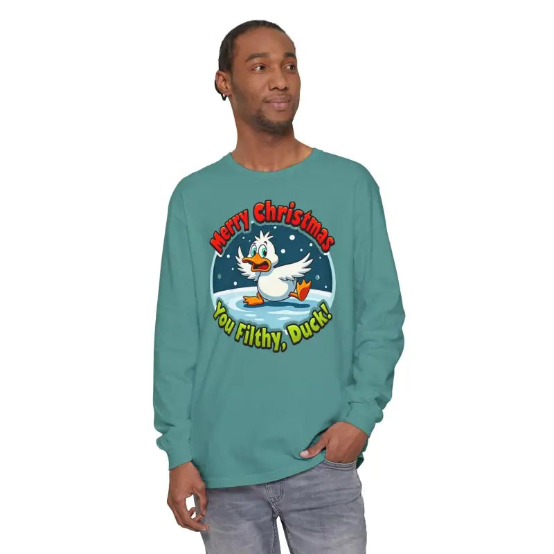 Teal long-sleeved shirt from Christmas Filthy Duck collection for stylish festive wear
