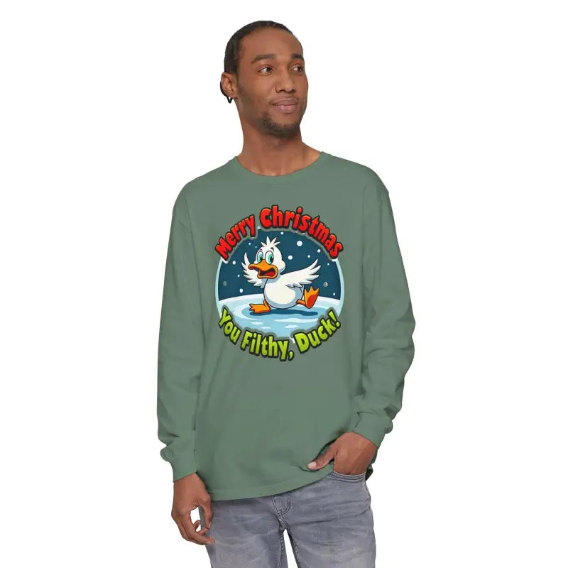Long-sleeved Christmas Filthy Duck Shirt featuring a playful duck graphic