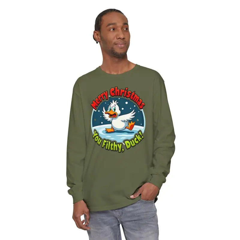 Olive green long-sleeved Christmas Filthy Duck shirt displayed on a neutral background