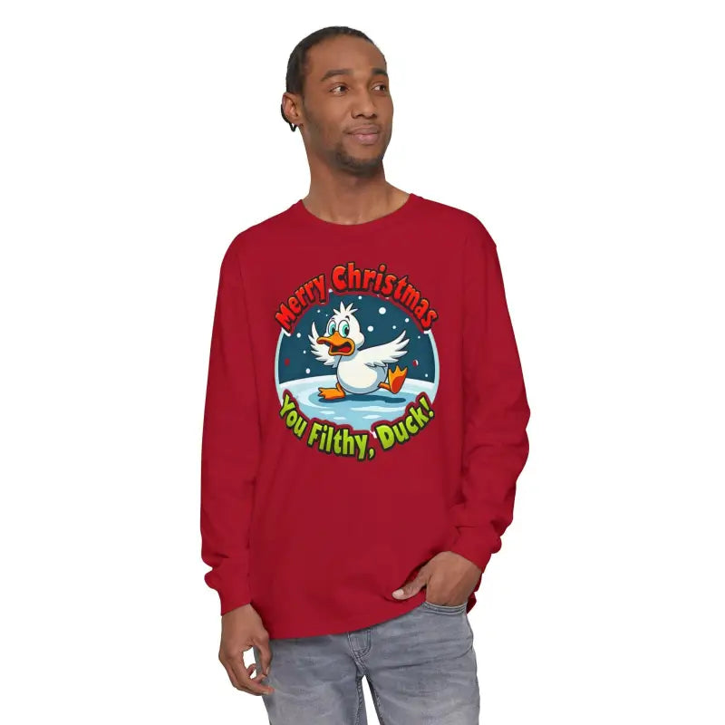 Red long-sleeved Christmas Filthy Duck shirt featuring playful duck design