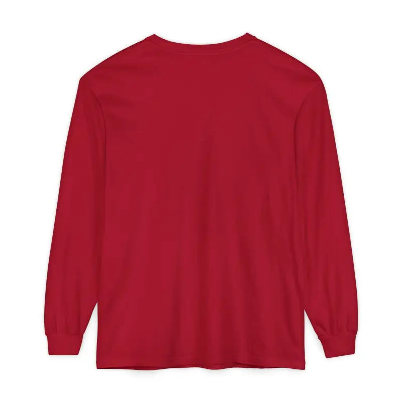 Red long-sleeved Christmas Filthy Duck Shirt displayed on a wooden hanger