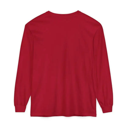 Red long-sleeved Christmas Filthy Duck Shirt displayed on a wooden hanger