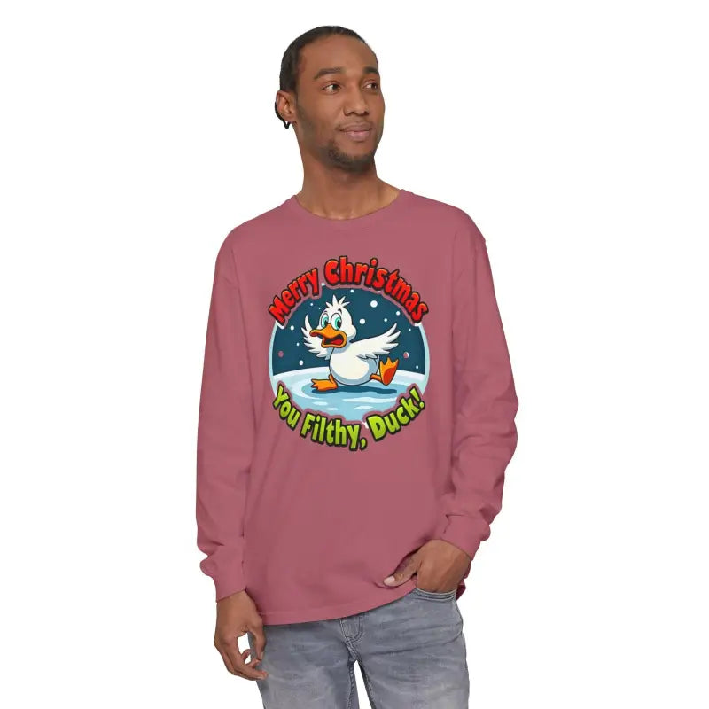 Long-sleeved Christmas Filthy Duck Shirt featuring a playful duck graphic design