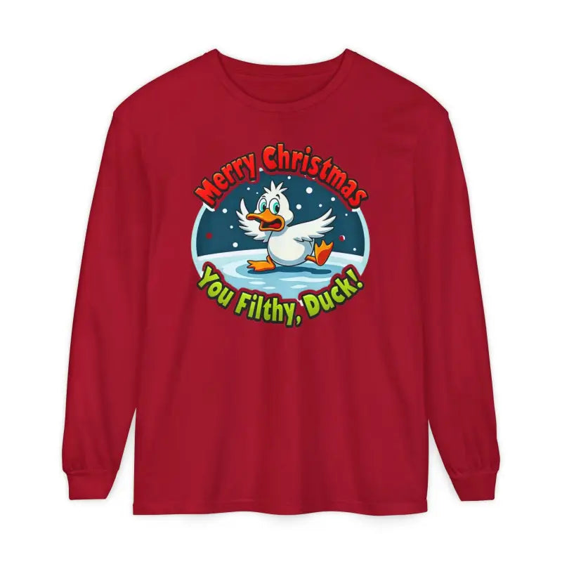 Red long-sleeved Christmas Filthy Duck shirt with Merry Christmas You Filthy Duck graphic