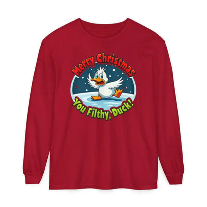 Red long-sleeved Christmas Filthy Duck shirt with Merry Christmas You Filthy Duck graphic