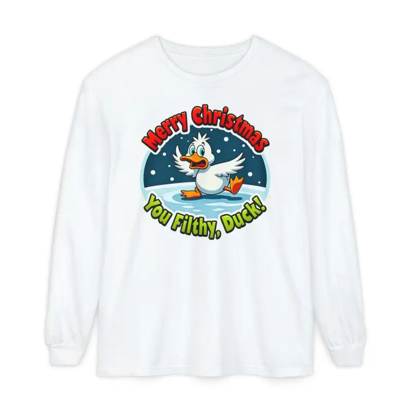 White long-sleeved Christmas Filthy Duck Shirt featuring a cartoon duck design