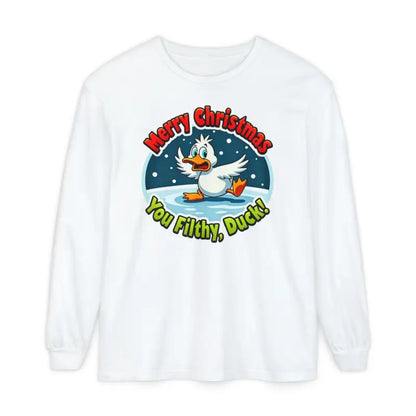 White long-sleeved Christmas Filthy Duck Shirt featuring a cartoon duck design