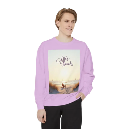 Lavender sweatshirt featuring a beach scene from Coastal Style Unisex Beach Life collection