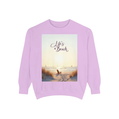 Lilac sweatshirt featuring a beach scene from the Coastal Style Unisex Beach Life collection