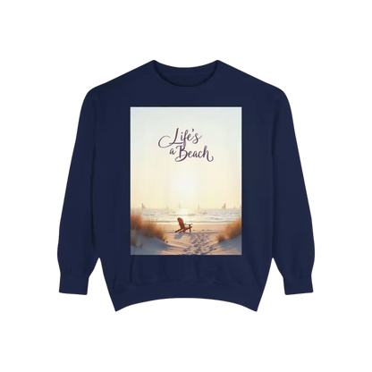 Navy blue sweatshirt featuring a vibrant beach scene from Coastal Style collection