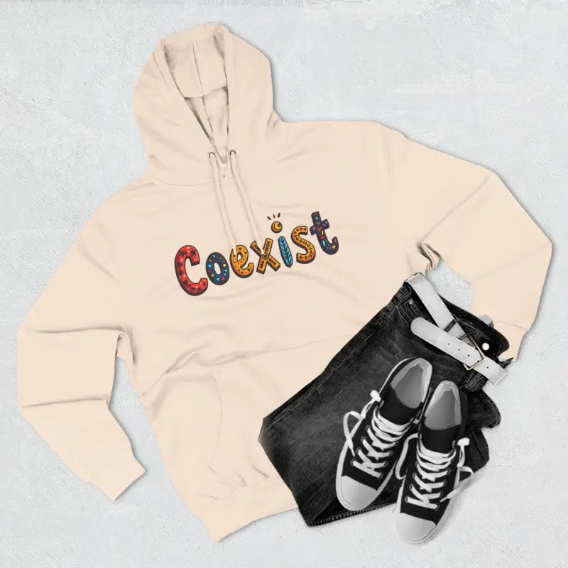 Beige hoodie featuring Coexist design, ideal for comfort and style