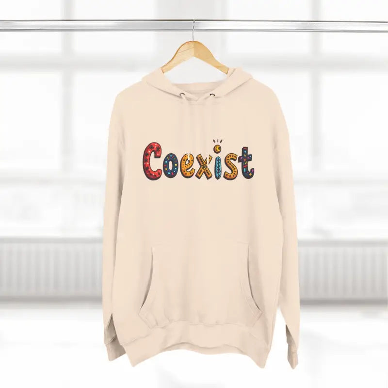 Beige hoodie featuring Coexist design from the Coexist Fleece Hoodie collection
