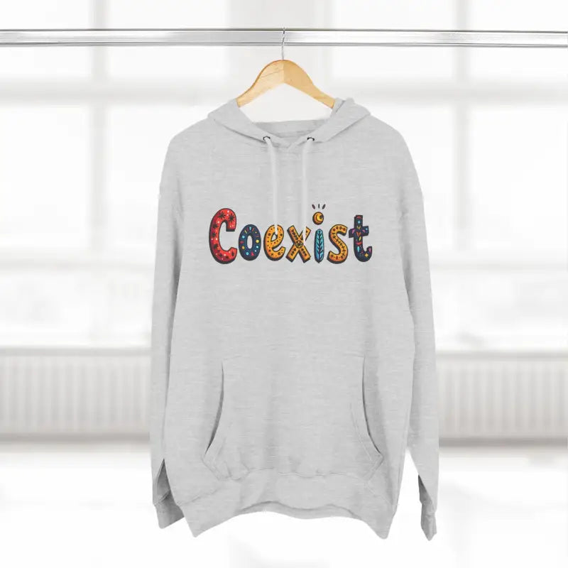 Gray Coexist Fleece Hoodie designed for comfort and style, featuring a unique design