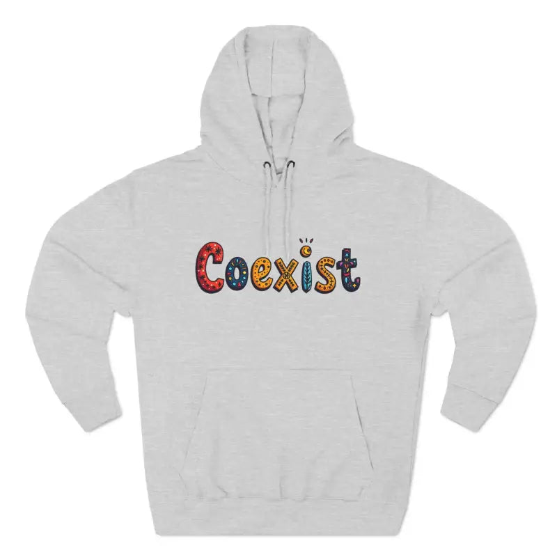 Gray hoodie featuring a Coexist design for the Coexist Fleece Hoodie, comfort and style