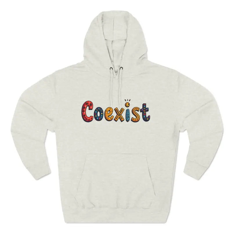 Beige hoodie featuring Coexist design, ideal for comfort and style