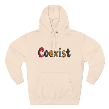 Beige Coexist Fleece Hoodie featuring a unique and stylish design for comfort