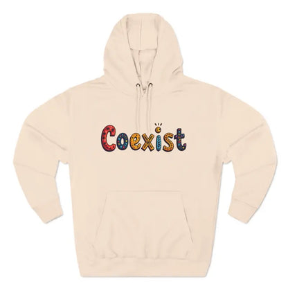 Beige Coexist Fleece Hoodie featuring a unique and stylish design for comfort