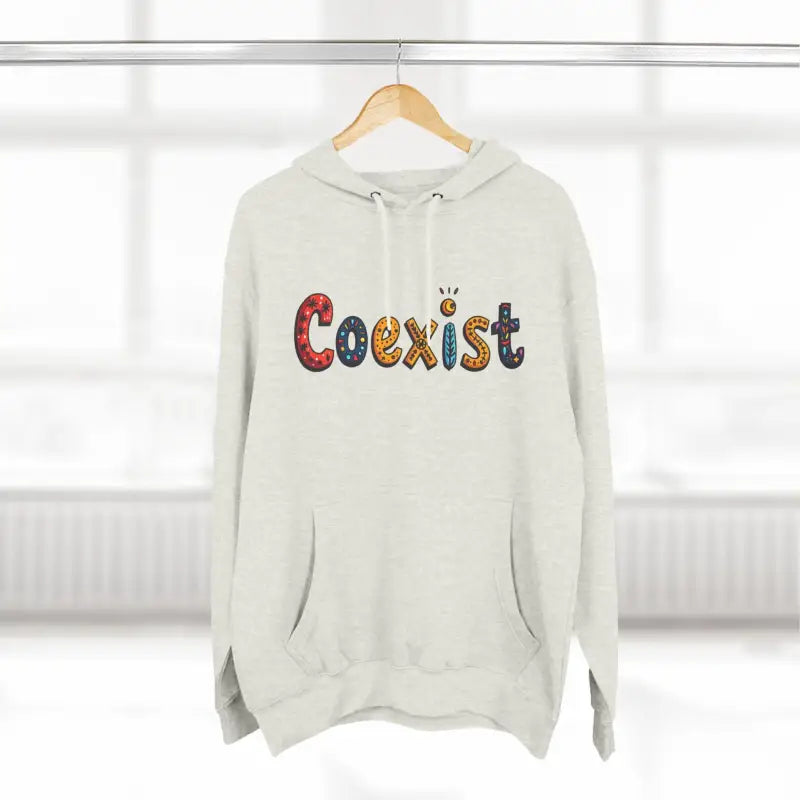 White Coexist Fleece Hoodie featuring a stylish design for comfort and fashion