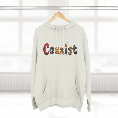 White Coexist Fleece Hoodie featuring a stylish design for comfort and fashion