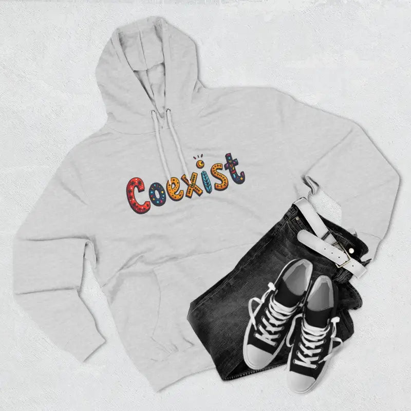 White Coexist Fleece Hoodie featuring a stylish design for comfort and fashion