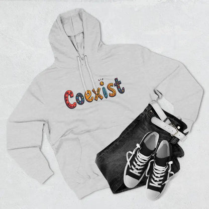 White Coexist Fleece Hoodie featuring a stylish design for comfort and fashion