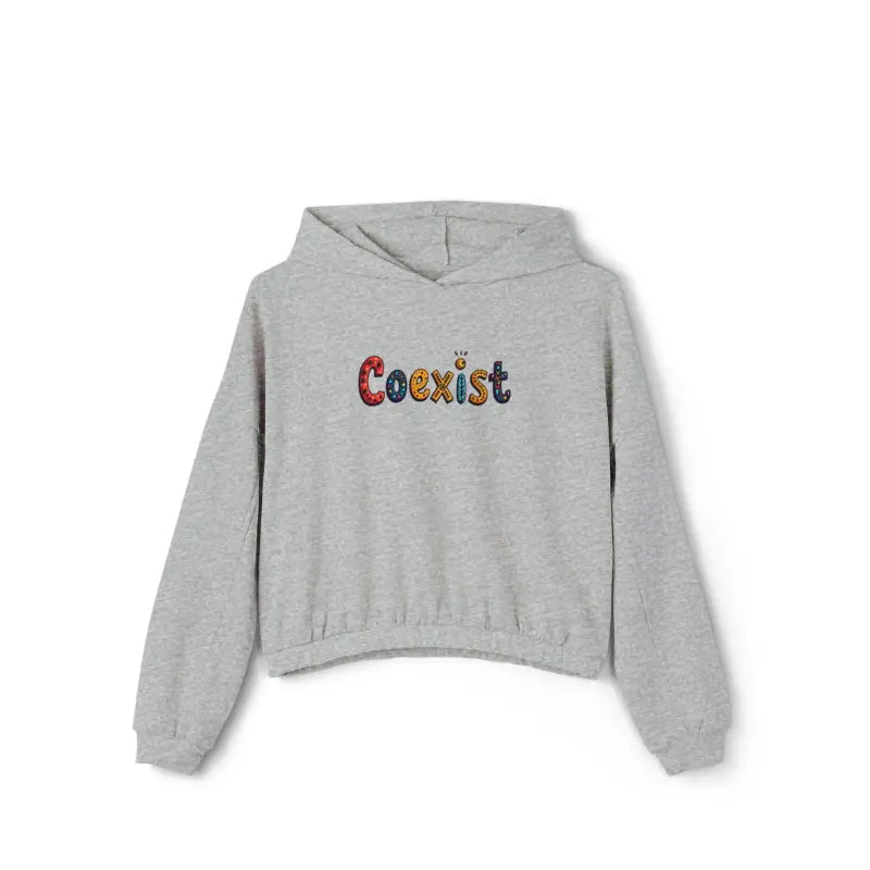 Gray hooded sweatshirt with Coexist text in the Coexist Women’s Cinched Bottom Hoodie